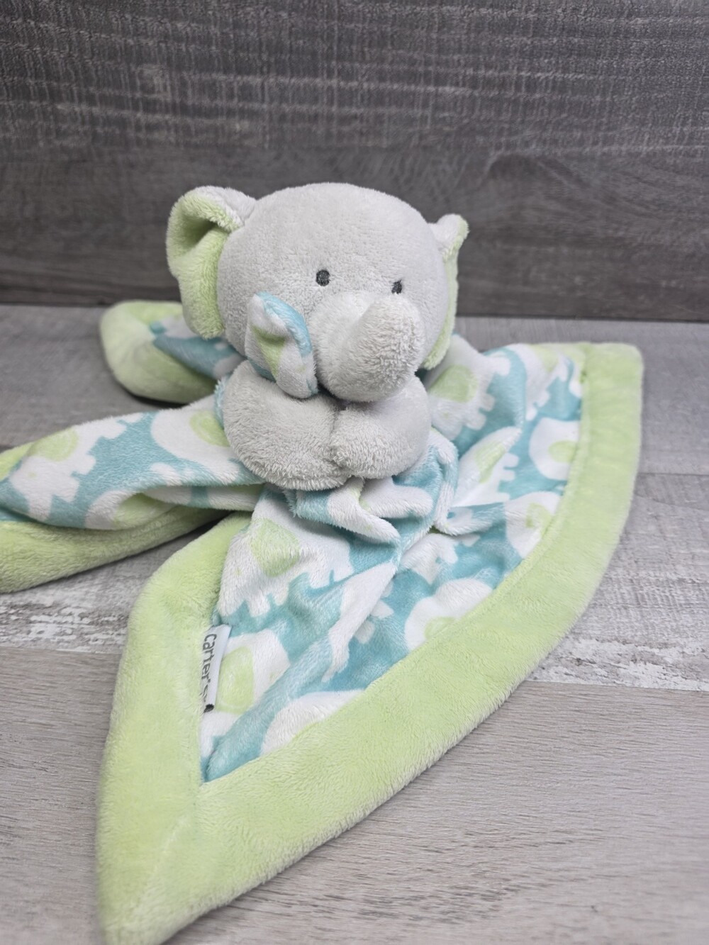 Carter’s Blue Green Gray Elephant Security Blanket Plush Baby Lovey b312